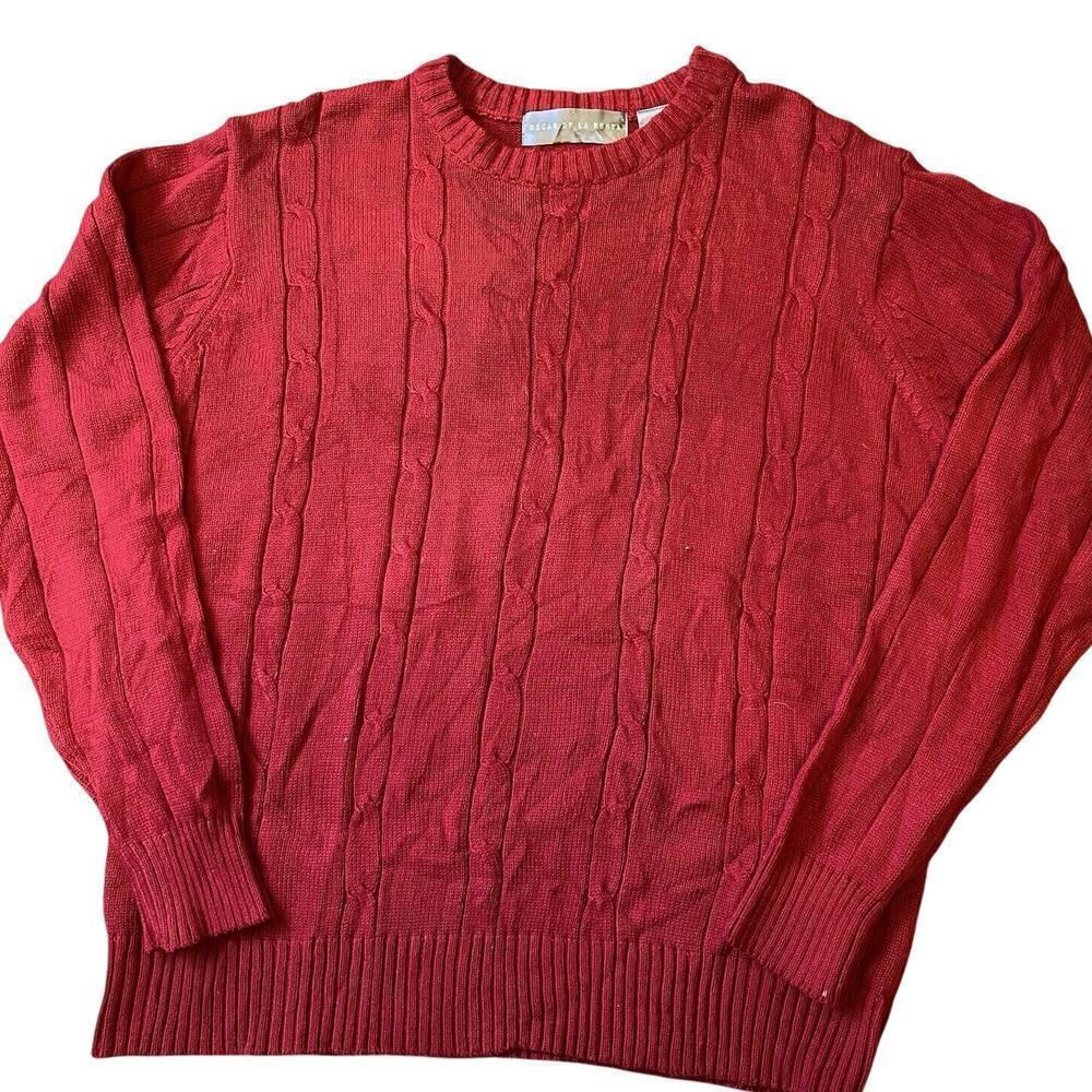 Oscar de la Renta Sweater Men L Cable Knit Red Crew Neck Jumper Pullover Preppy